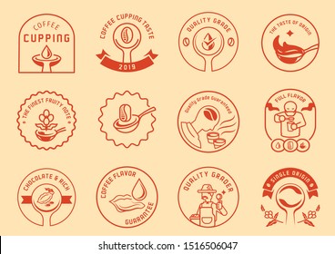 coffee cupping logo badge design with man sib coffee,spoon of coffee,tongue tasting coffee drop and  local farmmer with spoon vector illustration.