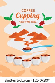 coffee cupping poster with mountain origin aroma flat illustraion with coffee fruits.