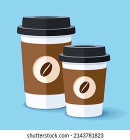 Coffee cups in 3d flat style on color background. Drink to go. Simple object. Vector design element for your business project