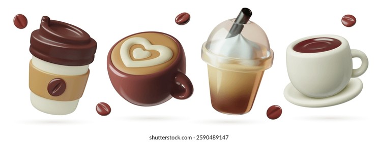 Coffee cups 3d vector icons set. Plastic and paper take away cups and ceramic mugs with cappuccino and black coffee.