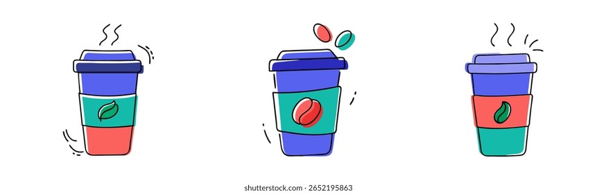xícaras de café adornadas com desenhos coloridos e vapor aromático