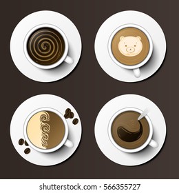 Coffee cups assortment top view collection vector illustration.