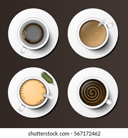 Coffee cups assortment top view collection vector illustration.