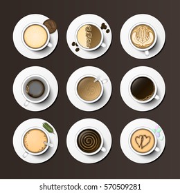Coffee cups assortment top view collection vector illustration.