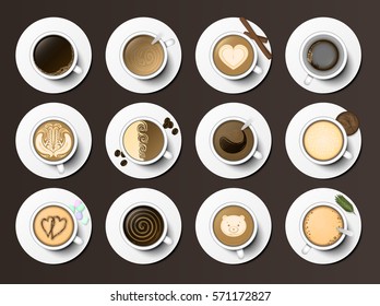 Coffee cups assortment top view collection vector illustration.