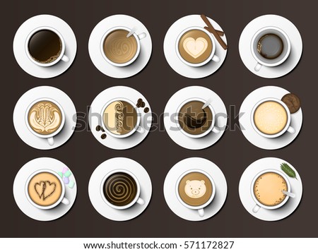 Coffee cups assortment top view collection vector illustration.