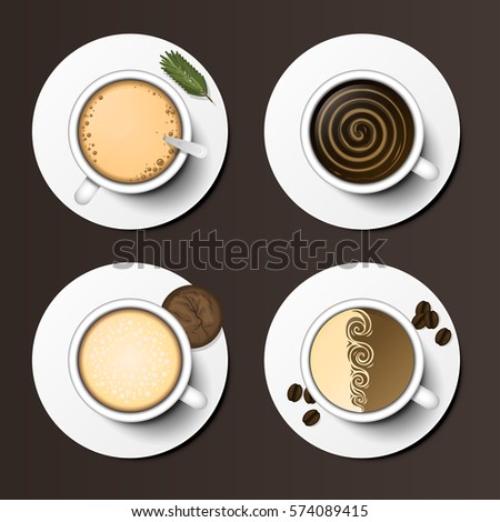 Coffee cups assortment top view collection vector illustration.