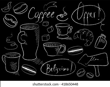 Coffee cups and bakery chalk on black vector illustration, Coffee Set chalk, Coffee decoration collection, Coffee elements styled design, Coffee cups ornament, Coffee vector, Coffee cups illustration
