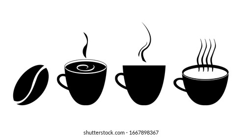 Coffee cups and bean silhouettes isolated on white