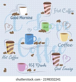 Coffee cups with coffee beans and good wishes premium vector illustration