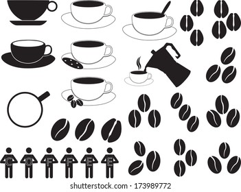 Coffee cups and coffee beans illustrated on white