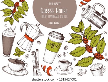 Coffee cups, and beans illustration. Vintage design for coffee shop. Vector illustration.