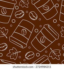 Coffee cups and beans in line art style seamless pattern. Hot beverage cartoon. Can be used for wallpaper, paper wrapping, cafe decoration and fashion fabric