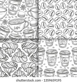 Coffee cups, beans, mugs, macaroons hand drawn seamless pattern set. Monochrome black and white vector background. Decorative sketch doodle illustration