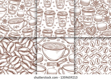 Coffee cups, beans, mugs, macaroons seamless pattern set. Vector background hand drawn in lines collection. Decorative sketch doodle illustration