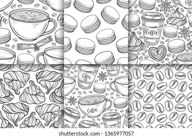 Coffee cups, beans, mugs, macaroons hand drawn seamless pattern set. Monochrome black and white vector background. Decorative sketch doodle illustration