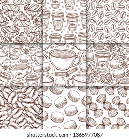 Coffee cups, beans, mugs, macaroons seamless pattern set. Vector background hand drawn in lines collection. Decorative sketch doodle illustration