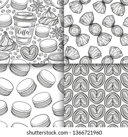 Coffee cups, beans, mugs, macaroons hand drawn seamless pattern set. Monochrome black and white vector background. Decorative sketch doodle illustration