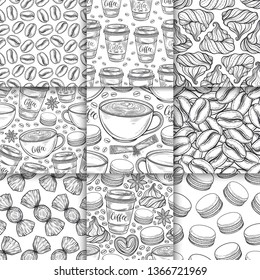 Coffee cups, beans, mugs, macaroons hand drawn seamless pattern set. Monochrome black and white vector background. Decorative sketch doodle illustration