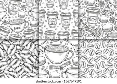 Coffee cups, beans, mugs, macaroons hand drawn seamless pattern set. Monochrome black and white vector background. Decorative sketch doodle illustration