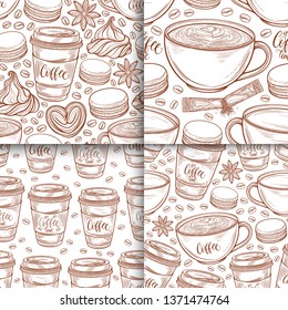 Coffee cups, beans, mugs, macaroons seamless pattern set. Vector background hand drawn in lines collection. Decorative sketch doodle illustration