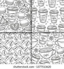 Coffee cups, beans, mugs, macaroons hand drawn seamless pattern set. Monochrome black and white vector background. Decorative sketch doodle illustration