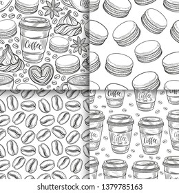Coffee cups, beans, mugs, macaroons hand drawn seamless pattern set. Monochrome black and white vector background. Decorative sketch doodle illustration