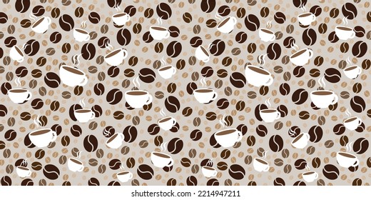 coffee cups and coffee beans on a light wide brown background