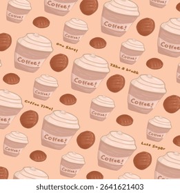 Coffee Cups and Beans Pattern cute brown digital art soft