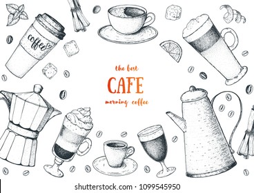 Coffee cups, beans and coffee pots illustration. Vintage design for coffee shop. Engraved vector illustration.