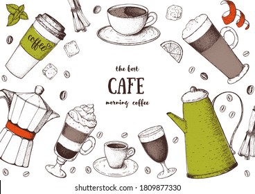 Coffee cups, frijol y cafetera ilustración. Diseño de época para la cafetería. Ilustración vectorial grabada.