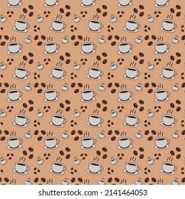 Bebida patrón sin fisuras y tazas de café. Patrón de una taza de café caliente y granos de café de fondo vectorial. Su concepto de tiempo de café.Aplicable a la publicidad de café, paquete, menú.