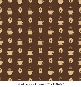 Coffee cups and coffee beans. Seamless pattern background, vector illustration.