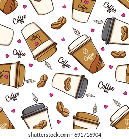 coffee cups and coffee beans in seamless pattern using doodle art