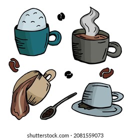 Coffee cups and beans, spoon isolated on white background