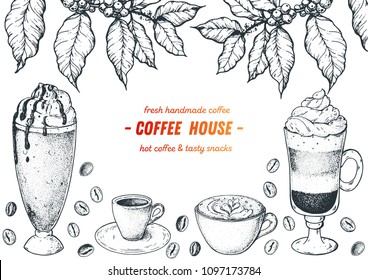  Coffee cups, beans and coffee tree illustration. Vintage design for coffee shop. Engraved vector illustration.