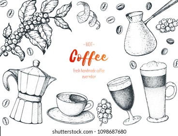 Coffee cups, beans and coffee tree illustration. Vintage design for coffee shop. Engraved vector illustration.