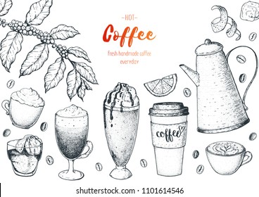 Coffee cups, beans and coffee tree illustration. Vintage design for coffee shop. Engraved vector illustration