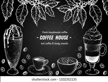 Coffee cups, beans and coffee tree illustration. Vintage design for coffee shop. Engraved vector illustration.