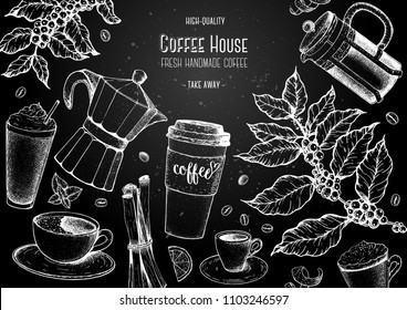 Coffee cups, beans and coffee tree illustration. Vintage design for coffee shop. Engraved vector illustration.