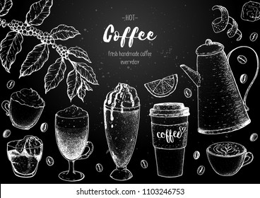 Coffee cups, beans and coffee tree illustration. Vintage design for coffee shop. Engraved vector illustration.