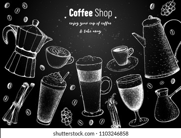 Coffee cups, beans and coffee tree illustration. Vintage design for coffee shop. Engraved vector illustration.