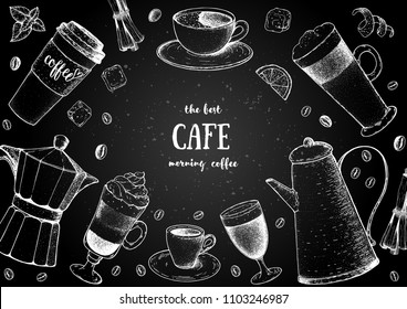 Coffee cups, beans and coffee tree illustration. Vintage design for coffee shop. Engraved vector illustration.