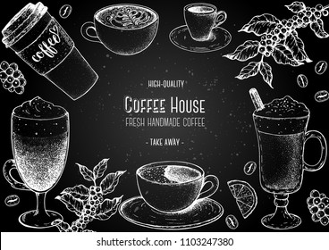 Coffee cups, beans and coffee tree illustration. Vintage design for coffee shop. Engraved vector illustration.