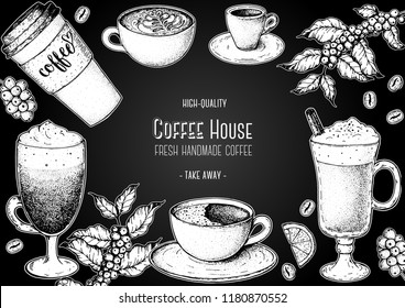 Coffee. Cups, beans and coffee tree illustration. Vintage design for coffee shop. Engraved vector illustration.