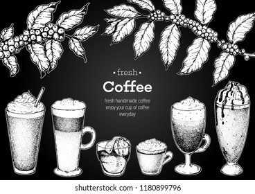 Coffee. Cups, beans and coffee tree illustration. Vintage design for coffee shop. Engraved vector illustration.