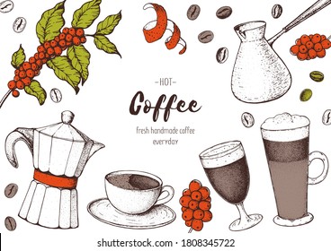 Kaffeetassen, Bohnen und Kaffeebaumgrafik. Vintage-Design für Coffee Shop. Gravierte Vektorgrafik.