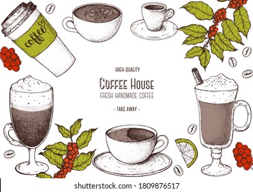 Coffee cups, beans and coffee tree illustration. Vintage design for coffee shop. Engraved vector illustration.