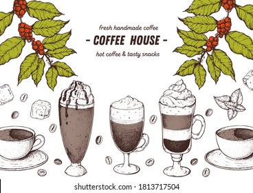 Kaffeetassen, Bohnen und Kaffeebaumgrafik. Vintage-Design für Coffee Shop. Gravierte Vektorgrafik