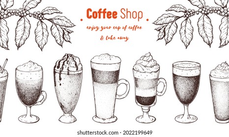 Café, frijol e ilustración de un árbol de café. Diseño de época para la cafetería. Ilustración vectorial grabada